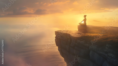 Contemplative Woman Sitting on Cliff Overlooking Serene Sunset