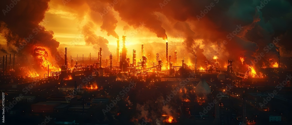 Emergency situation at petrochemical plant with risk of explosion due to fire. Concept Chemical Safety, Emergency Response, Industrial Accidents, Fire Prevention, Hazard Mitigation