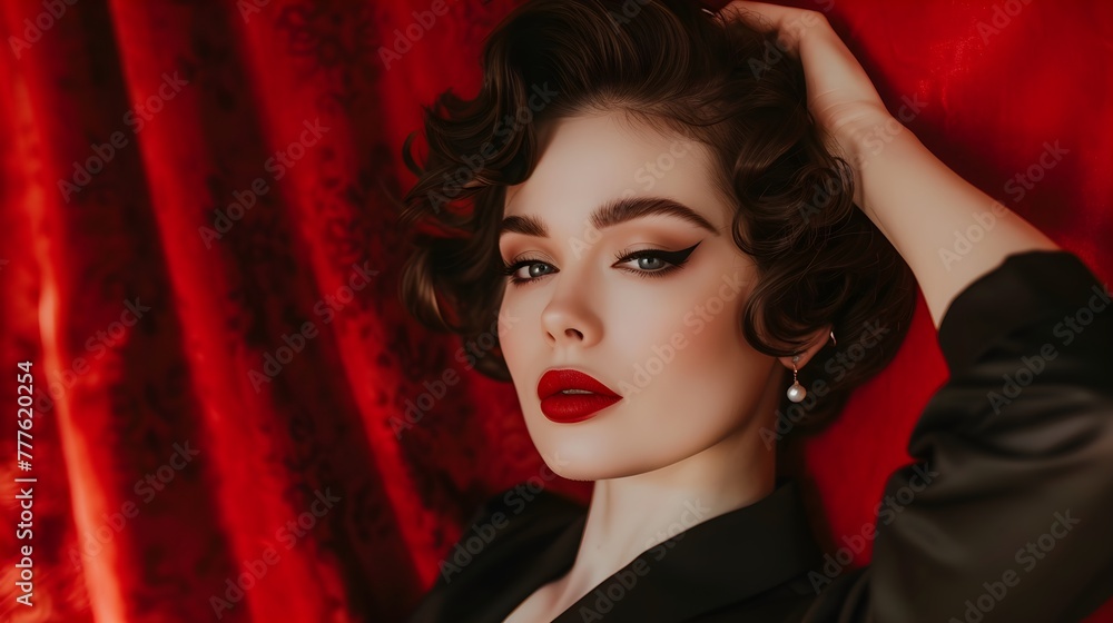 A close-up woman studio portrait of a glamorous model with red lipstick and stylish black hair A close-up woman studio portrait of a glamorous model with red lipstick and stylish black hair