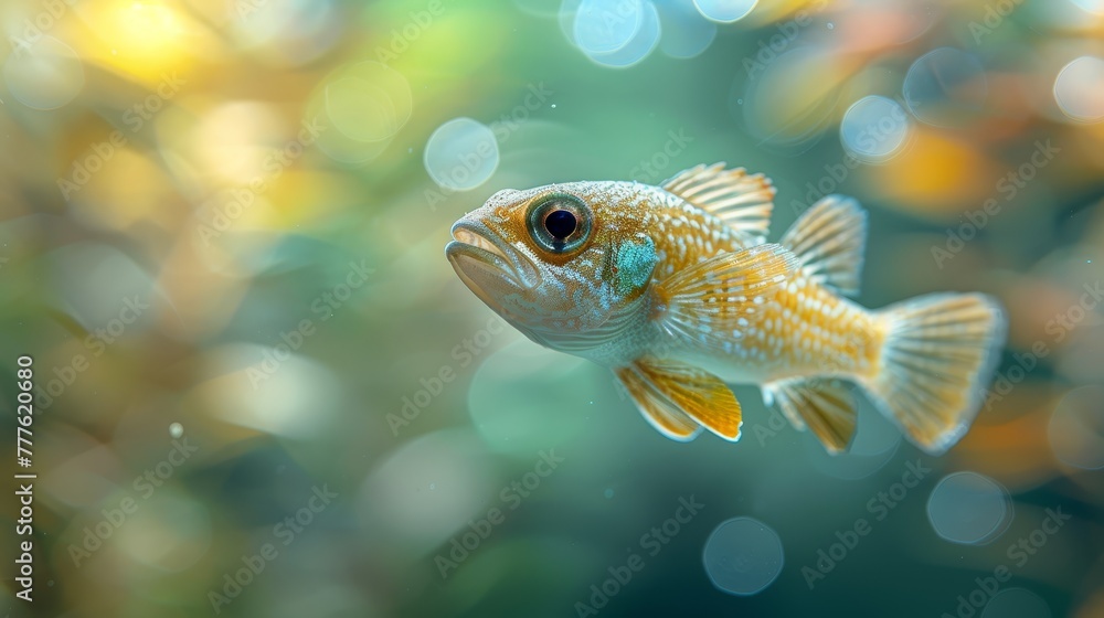 A goldfish in focus, aquarium close-up Bubbles rise from water's surface Blue sky backdrop A goldfish in focus, aquarium close-up Bubbles rise from water's surface Blue sky backdrop