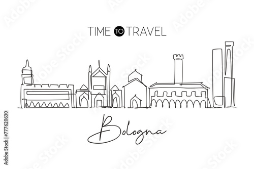 One single line drawing of Bologna city skyline, Italy. Historical skyscraper landscape in world. Best holiday destination wall decor poster art. Trendy continuous line draw design vector illustration