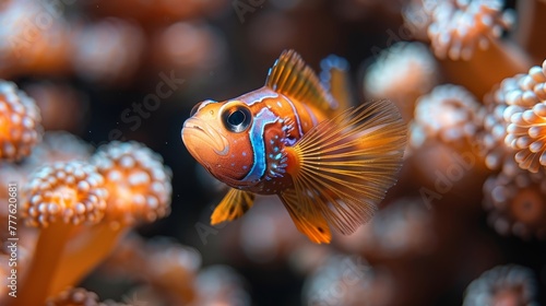   A tight shot of a fish against a backdrop of various corals, with water in the front © Jevjenijs
