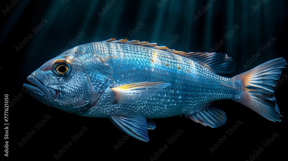 A fish in focus against a black backdrop, illuminated from above by a light source at its head A fish in focus against a black backdrop, illuminated from above by a light source at its head