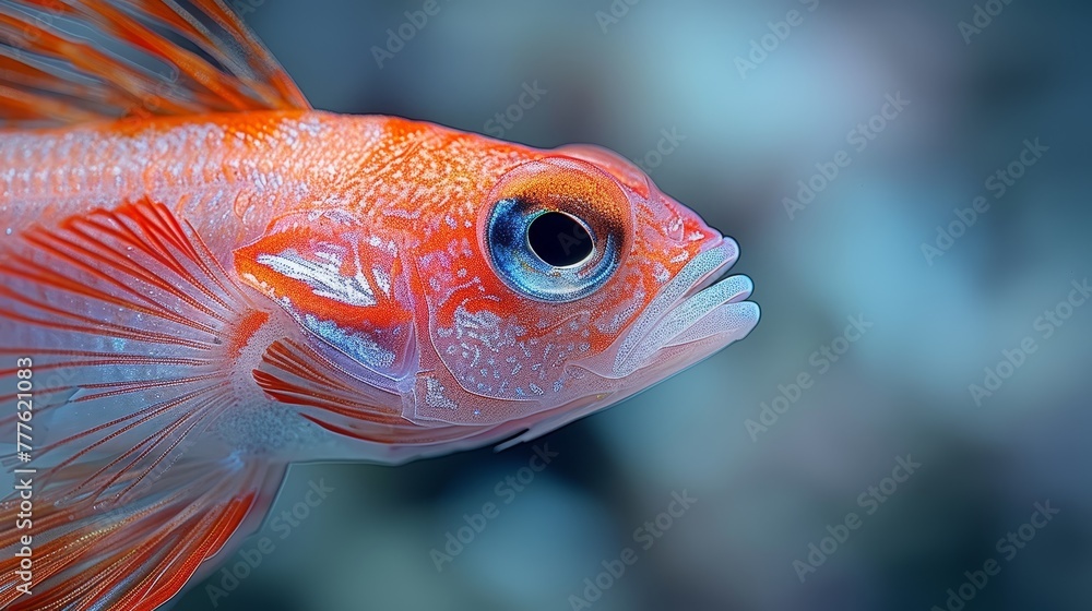 A red and white fish, closely framed, against a softly blurred background Background hues transition to a blue sky A red and white fish, closely framed, against a softly blurred background Background hues transition to a blue sky