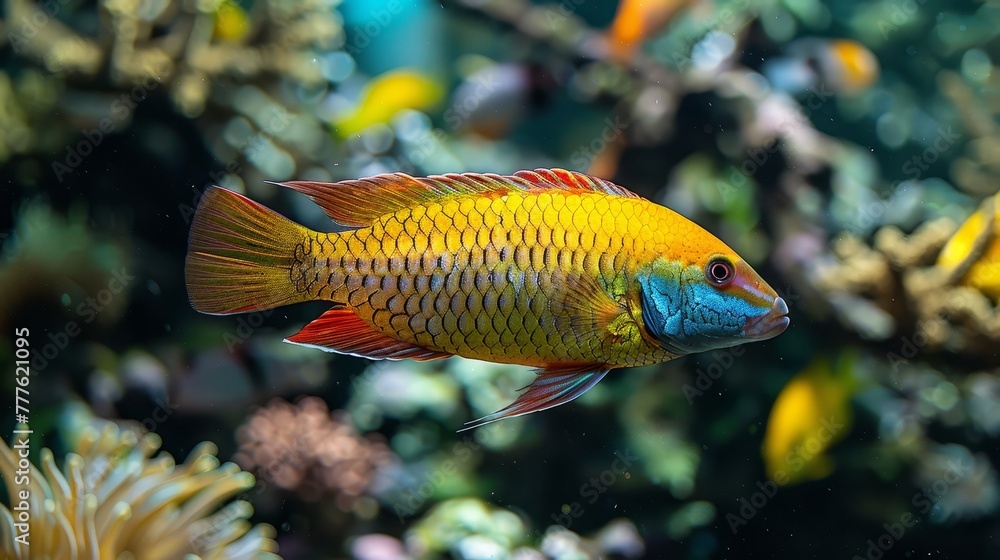 A tight shot of a fish swimming in an aquarium, surrounded by various other fish in the water and lush plants in the background A tight shot of a fish swimming in an aquarium, surrounded by various other fish in the water and lush plants in the background