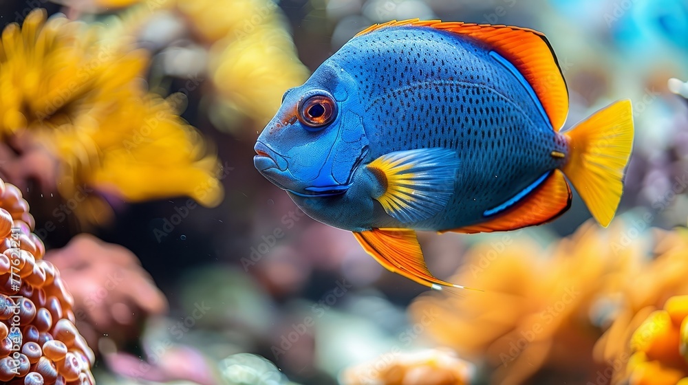 A tight shot of a blue-orange fish against coral backdrop, adorned with yellow and orange blooms A tight shot of a blue-orange fish against coral backdrop, adorned with yellow and orange blooms