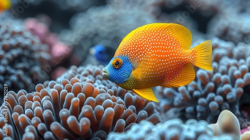  A tight shot of a fish nestled among corals, with various other corals and sea anemones forming the backdrop