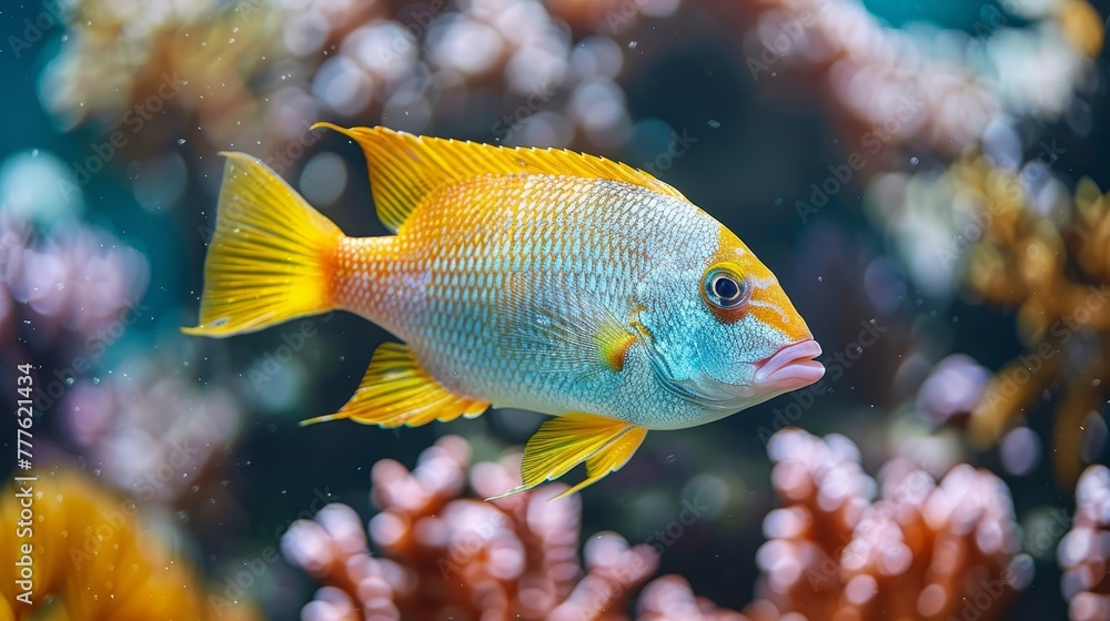 A tight shot of a fish against a backdrop of varied corals and water up front A tight shot of a fish against a backdrop of varied corals and water up front