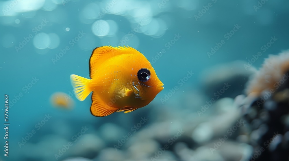 A tight shot of a tiny yellow fish above blue water, with coral in the foreground and bubbles rising in the backdrop A tight shot of a tiny yellow fish above blue water, with coral in the foreground and bubbles rising in the backdrop