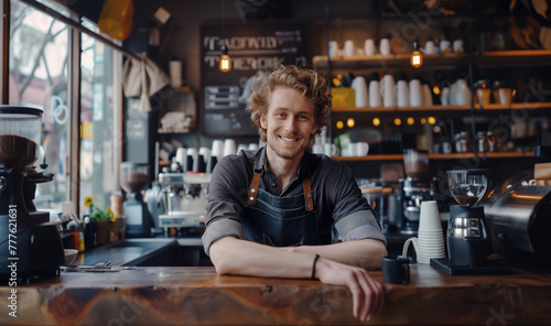 Smiling barista Man at cozy café with warmth and hospitality. Coffee machine and various utensils add to ambiance of coffee shop. Bright and inviting atmosphere for delightful coffee experience photo