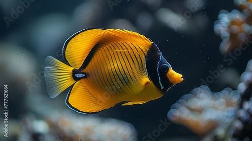  A narrow shot of a yellow-and-black fish in an aquarium, displaying a black-and-white lateral stripe