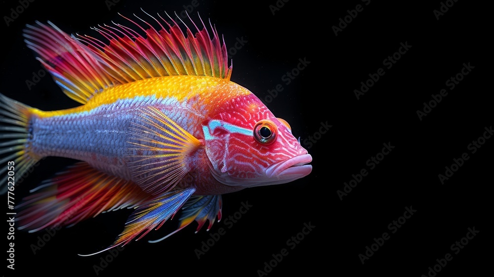 A tight shot of a vivid fish against a black backdrop, its mirrored visage in the water A tight shot of a vivid fish against a black backdrop, its mirrored visage in the water