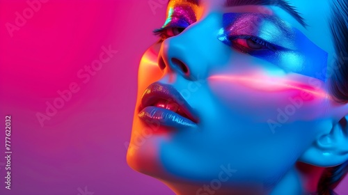Portraits of female models, faces In the studio and neon light style.