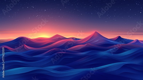  A painting of a nighttime mountain range with a sunrise and stars overhead