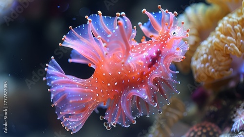  A tight shot of a pink and purple sea anemone, adorned with water beads on its petals Coral lies behind as backdrop