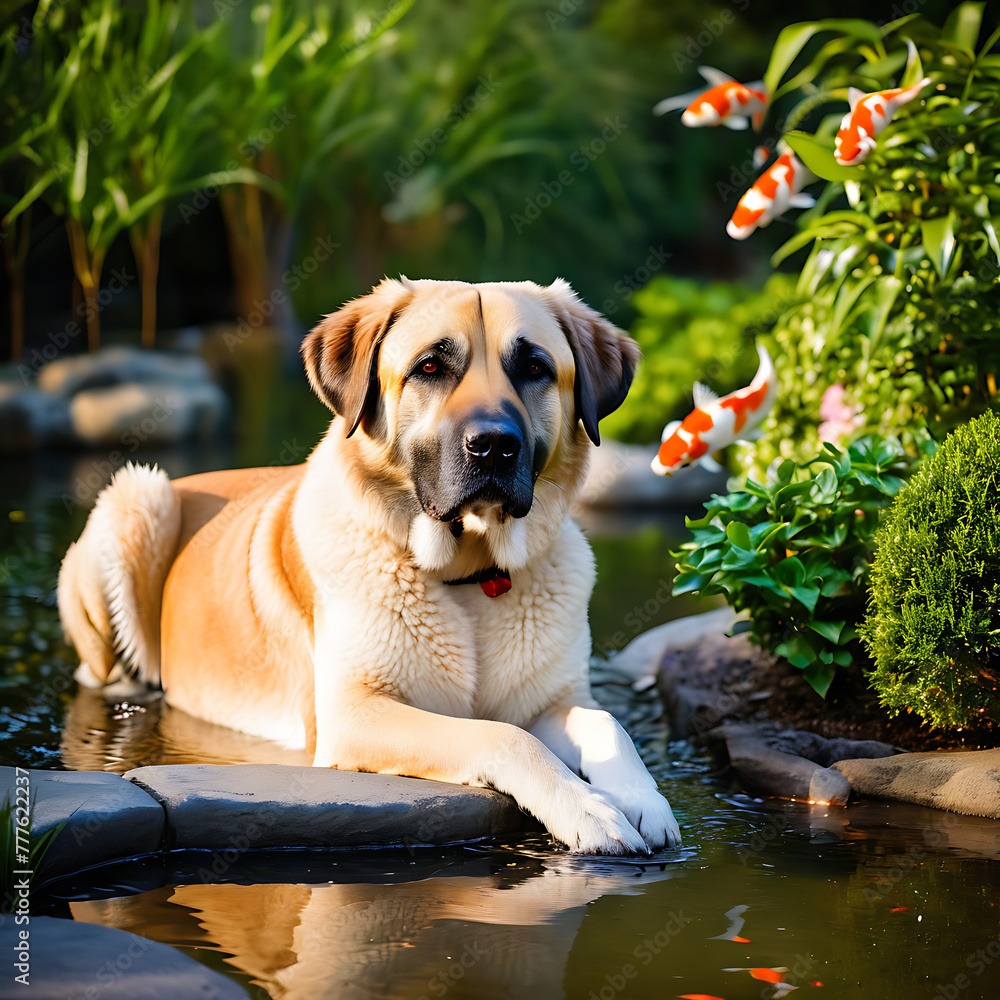 Cool Anatolian Shepherd Dog enjoying a peaceful moment in a tranquil Zen garden with a koi pond pet photography adorable port Cool Anatolian Shepherd Dog enjoying a peaceful moment in a tranquil Zen garden with a koi pond pet photography adorable port