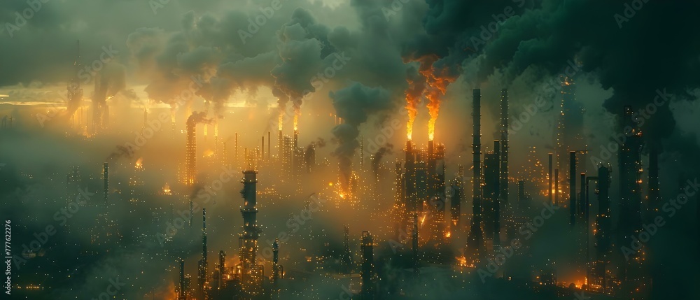 Fiery Pipes of an Oil Refinery Amidst a Polluted City Skyline. Concept Industrial photography, Urban pollution, Oil refinery, City skyline, Environment impact