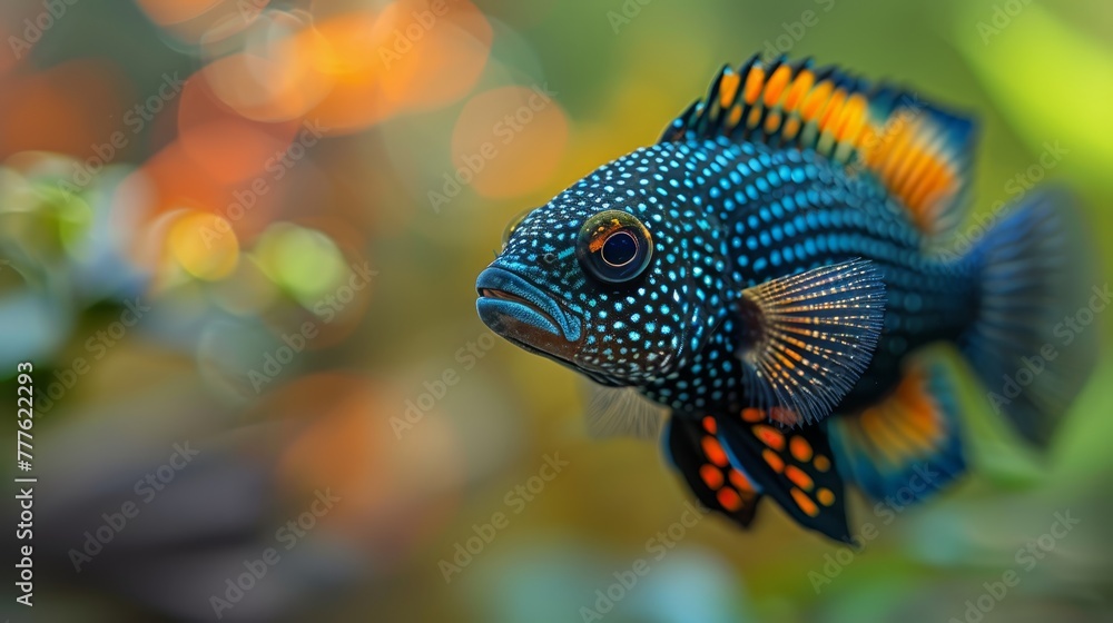 A tight shot of a blue fish with orange and yellow stripes along its side against a hazy backdrop A tight shot of a blue fish with orange and yellow stripes along its side against a hazy backdrop