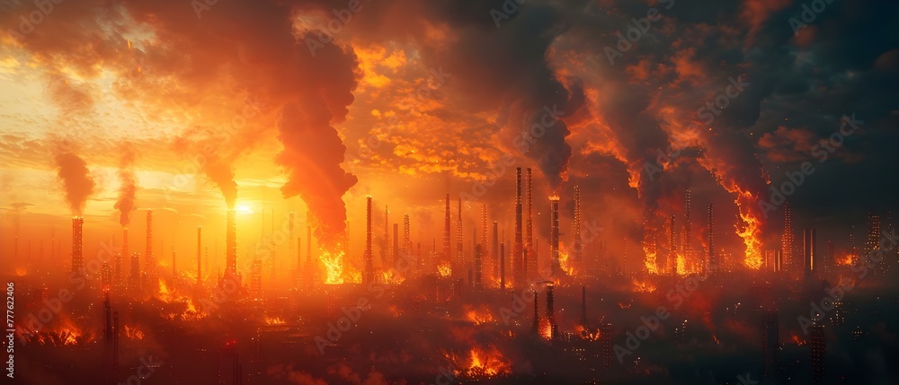 Industrial oil refinery with blazing pipes looming over a polluted cityscape. Concept Industrial, Oil Refinery, Blazing Pipes, Polluted Cityscape, Environment