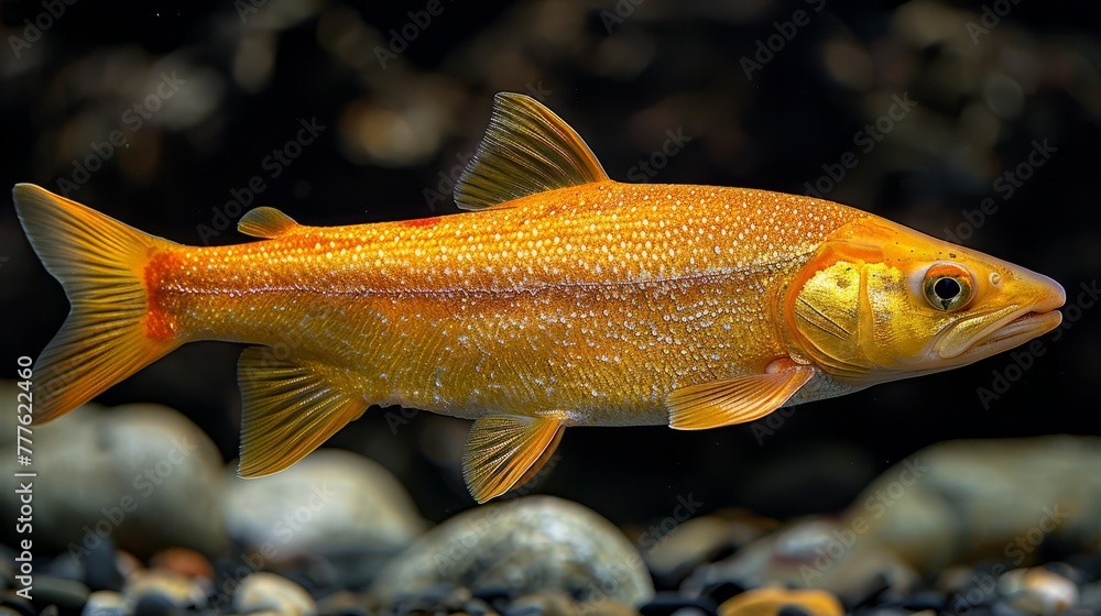 A tight shot of a fish swimming in clear water Rocks dot the foreground while trees line the backdrop A tight shot of a fish swimming in clear water Rocks dot the foreground while trees line the backdrop