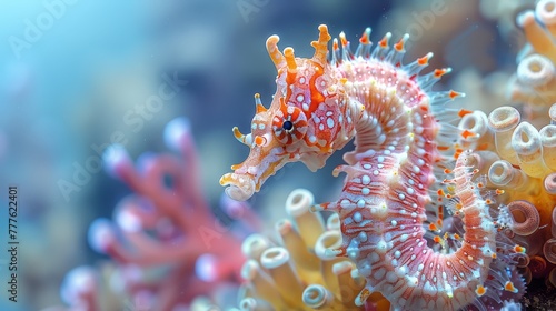  A tight shot of a sea horse amidst corals, with ancillary corals and sea anemones in the backdrop
