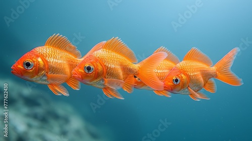  A collection of goldfish swimming together against a backdrop of coral in a watery expanse