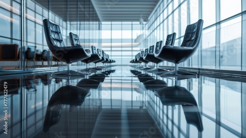 Row of black office chairs located in a modern glass building photo