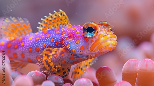   A tight shot of a vibrant fish against a backdrop of various corals, with corals softly rendering in the hazy background
