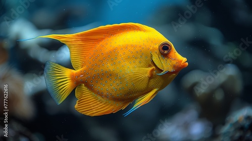  A tight shot of a golden fish swimming against clear water, surrounded by various other fish and submerged rocks in the background