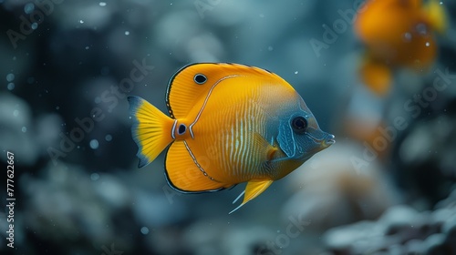  A tight shot of a yellow-blue fish against aquarium backdrop, surrounded by swimming companions and scattered rocks