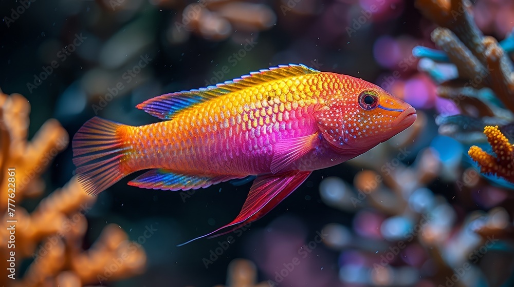 A tight shot of a fish swimming near corals in an aquarium, with clear water as the backdrop A tight shot of a fish swimming near corals in an aquarium, with clear water as the backdrop