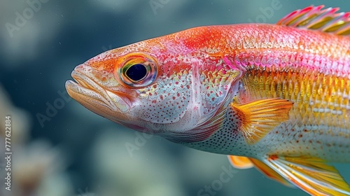   A red and yellow fish in focus, surrounded by a blurred background both in the foreground and background © Jevjenijs