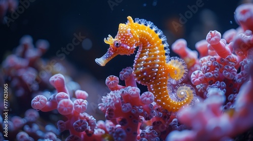   A tight shot of a sea horse near corals  with corals in the backdrop