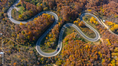 aerial view of inegol domanic road with beautiful autumn colors of nature, Kutahya, Turkey © kenan