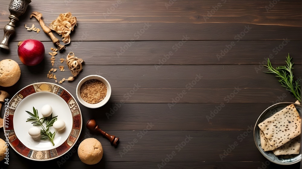 Symbolic Passover (Pesach) objects on a hardwood background in a flat lay composition with text space Symbolic Passover (Pesach) objects on a hardwood background in a flat lay composition with text space