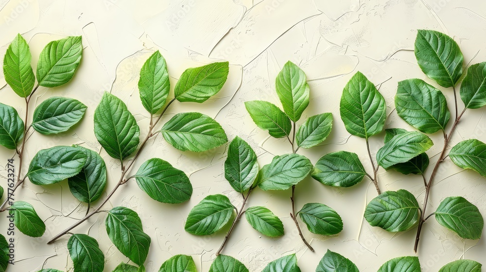 A group of green leaves lies atop a white wall, adjacent to a green plant alongside it A group of green leaves lies atop a white wall, adjacent to a green plant alongside it