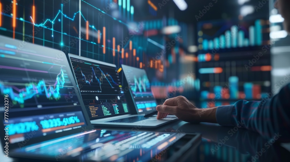 a businessman using both a laptop and a tablet to review and plan for the company’s growth through detailed financial graphs and projections. a businessman using both a laptop and a tablet to review and plan for the company’s growth through detailed financial graphs and projections.