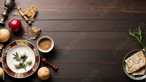Symbolic Passover  Pesach  objects on a hardwood background in a flat lay composition with text space