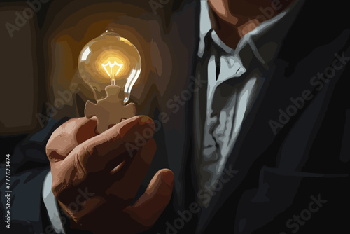 Triumphant businessman holds the final puzzle piece, a glowing light bulb, completing the picture of success and achieving a brilliant business solution