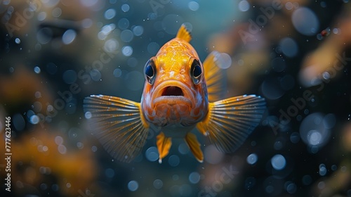   A goldfish staring at the camera, eyes focused, background softly blurred with other swimming fish in the water photo
