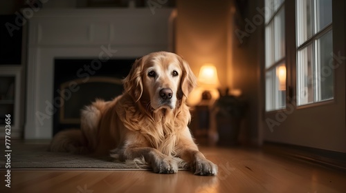 An adorable golden retriever dog in the living room at home, looking warm happy family.