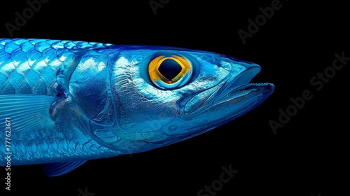   A detailed view of a blue fish with a yellow marking on its eyeball and an identifiable yellow tail photo