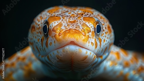   A close-up of a fish's face against a solid black background