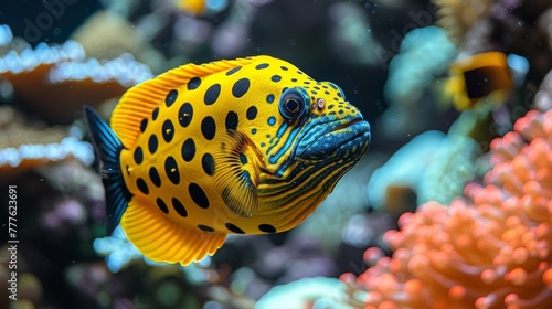  A tight shot of a yellow-and-black fish, its visage adorned with black speckles, adjacent to a coral backdrop