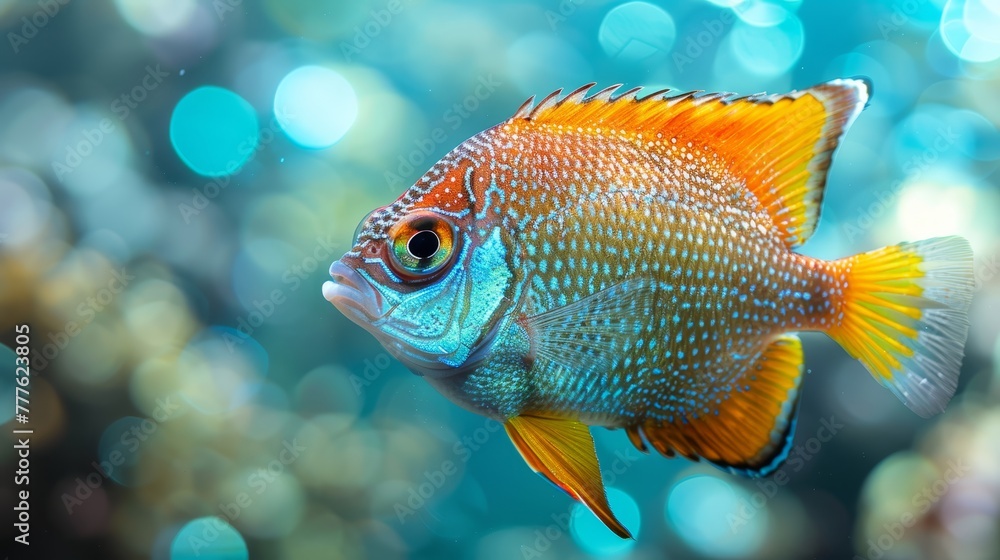 A tight shot of a blue-orange fish against aquarium glass, surrounded by blue and green backdrop of lights A tight shot of a blue-orange fish against aquarium glass, surrounded by blue and green backdrop of lights