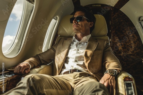 businessman flies in private jet