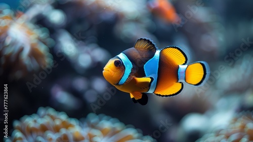  A tight shot of a clownfish amidst a backdrop of multiple clownfish in an aquarium One clownfish takes center stage in the foreground