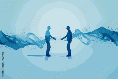 Two businessman figures melting and fusing into one, symbolizing business merger, integration, consolidation and synergy photo