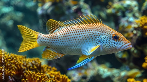  A tight shot of a fish against a backdrop of various corals, with water occupying the front plane