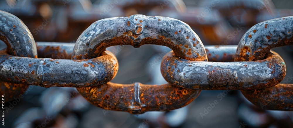 Detailed view of a rusty chain with prominent rust accumulation, displaying its weathered and deteriorating condition. Detailed view of a rusty chain with prominent rust accumulation, displaying its weathered and deteriorating condition.